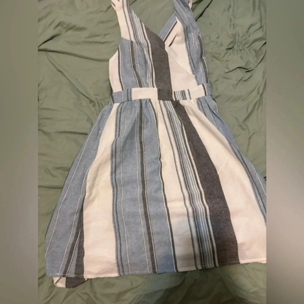 Altar'd State Blue and Gray Vertical Striped Dress With Criss-Cross Back Size m